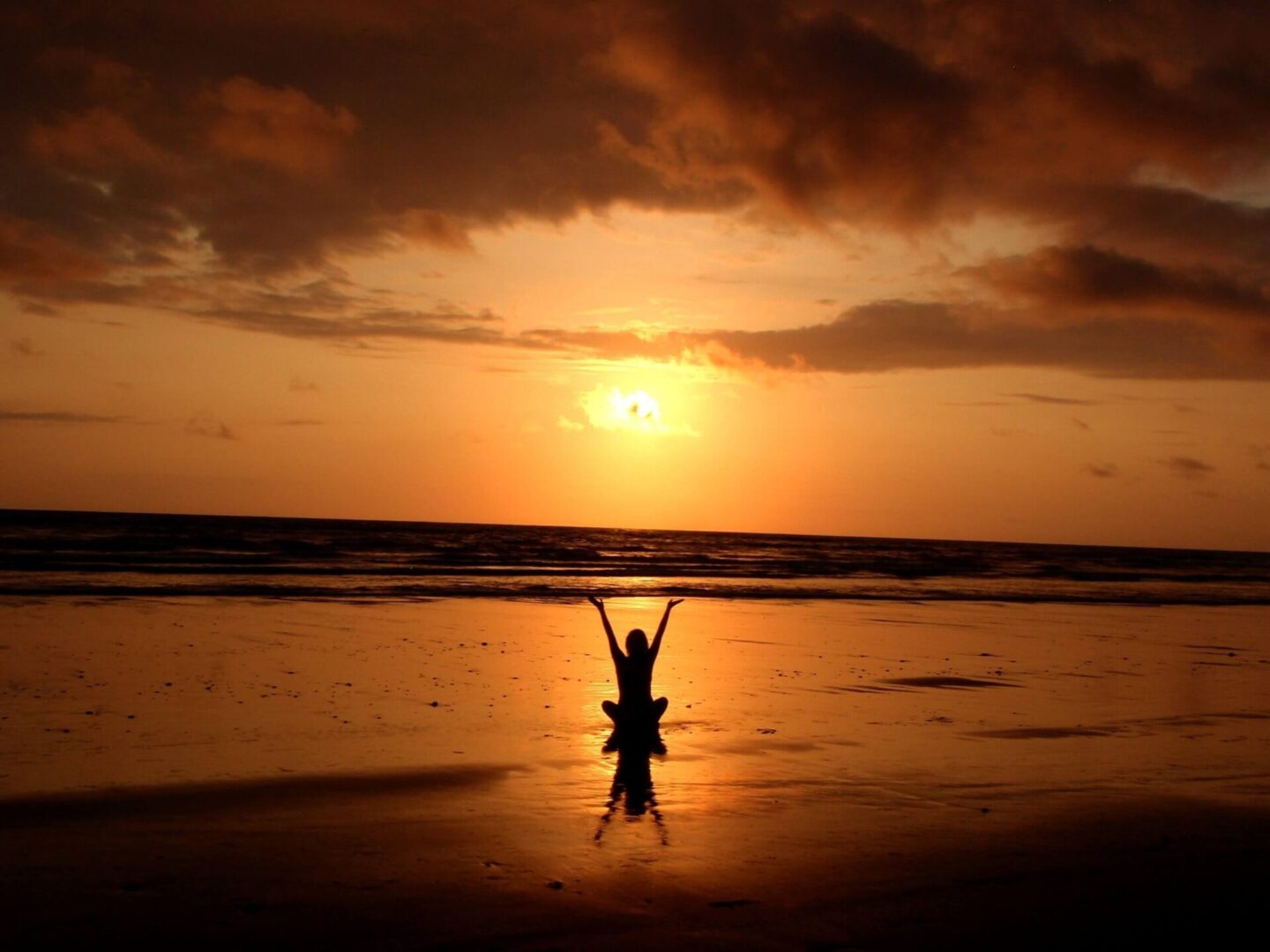 A person standing on the beach at sunset